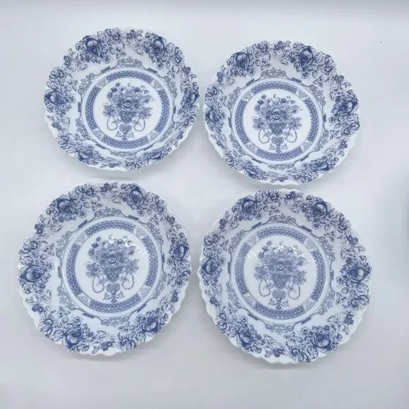 Set 4 Arcopal France HONORINE Coupe Cereal Soup Bowls 7" Blue & White Scalloped - Picture 2 of 8